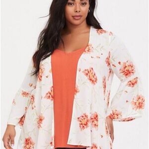 Torrid size 1/2, 16/18 Kimono Ivory & Orange Floral Chiffon open front/ bell sl…